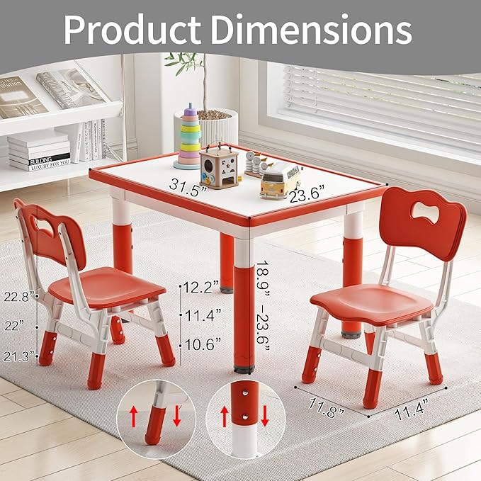 Toddler Table and 2 Chairs, Kids Table and Chair Set Height Adjustable, 31.5''L x 23.6''W Multifunctional Graffiti Desktop for Reading, Drawing, Eating, for Girls & Boys Age 2-10, Red