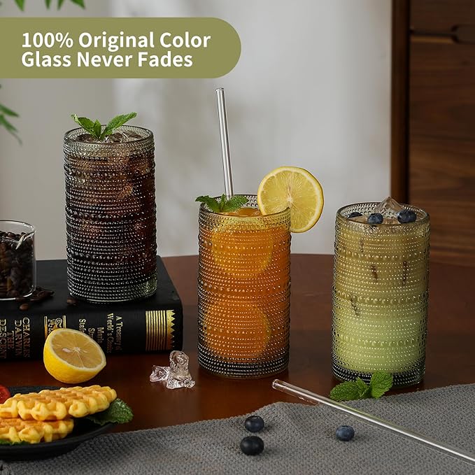 AkutaaVintage Hobnail Drinking Glasses Set of 6, 16 oz Large Capacity Embossed Green Tumblers, Highball Glasses for Water, Cocktail, Beer, Whiskey, Kitchen & Bar Use