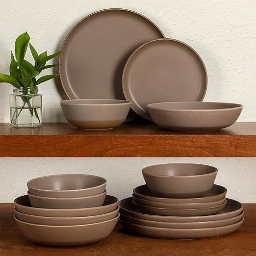 Gibson Elite Laguna Bliss 16 Piece Stoneware Reactive Glaze (Service for 4) Ceramic Plates and Bowls Dinnerware Set - Matte Beige-Gray W/Terracotta Bottom
