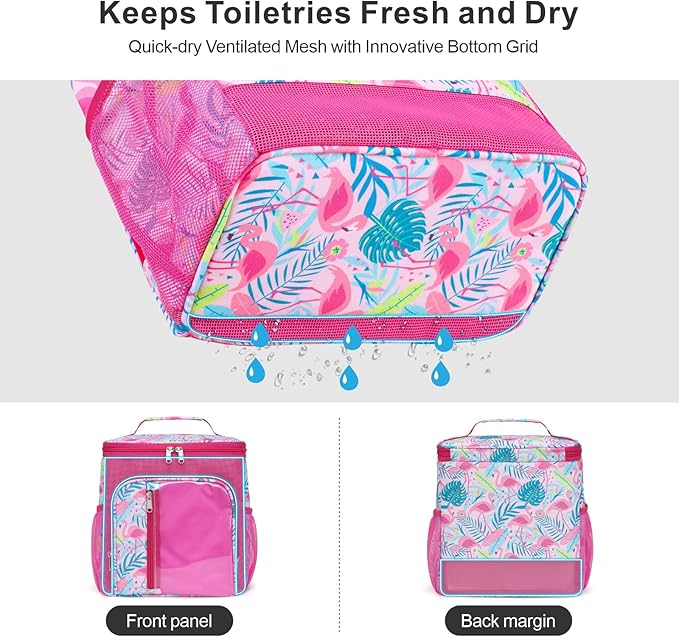 F-color Hanging Shower Caddy Portable - College Dorm Essentials for Guys with Hooks, Quick-Dry Shower Bag for Dorm Travel Gym Camping Essentials, Water-Resistant with Multiple Pockets, Pink Flamingo