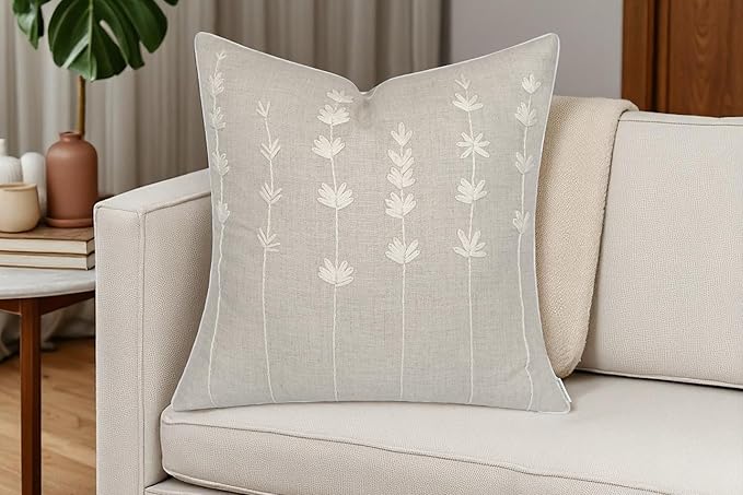 VAGMINE Hand Embroidered Daisy Accent Throw Pillow Cover - 18x18 Inches Square - 100% Linen Natural Decorative Cushion Cover for Couch, Sofa, Bed - Textured Embroidery - Boho Floral Home Décor