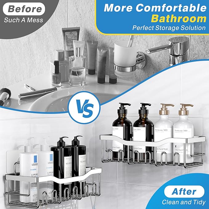 5-Pack Rustproof Stainless Steel Shower Caddy – No Drill Adhesive Bathroom Organizer with Large Capacity, Spacious Shower Shelves for Inside Shower, Kitchen & Home Decor Storage-XL Size