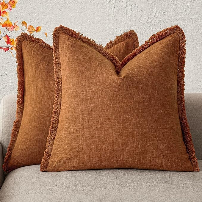 Foindtower Set of 2 Decorative Linen Fringe Throw Pillow Covers Cozy Boho Farmhouse Cushion Cover with Tassels Soft Accent Pillowcase for Couch Sofa Bed Living Room Home Decor, 24×24 Inch, Orange