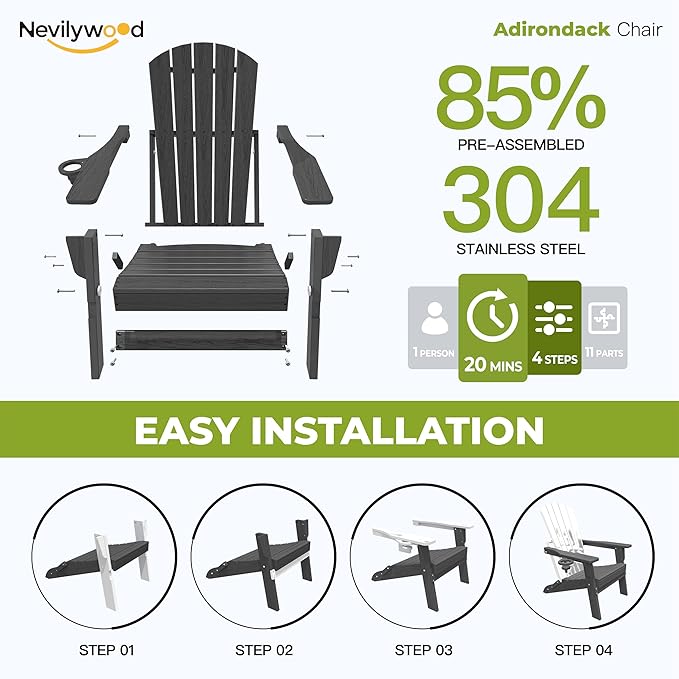 nevilywood Folding Adirondack Chair with Cup Holder Set of 4, HDPE Patio Chairs,All-Weather Outdoor Chairs for Backyard, Deck,Fire Pit-Black