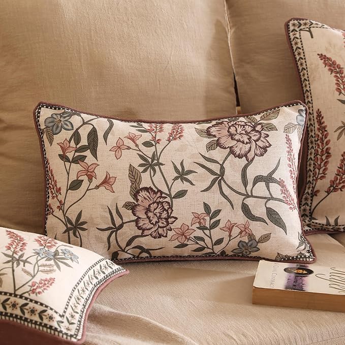 Design Linen Vintage Throw Pillow Covers 12"x20" Pack of 2, Rectangle Cushion Covers with Blue Pink Flowers Green Leaves Pattern Decoration Pillowcases for Bed,Living Room,Outdoor,Car