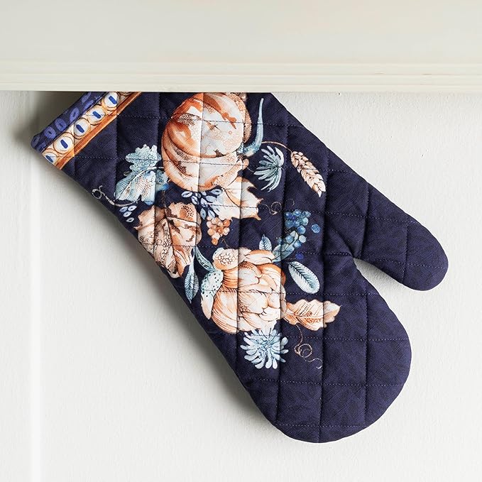 Maison d' Hermine Oven Gloves 100% Cotton Oven Mitt 7" x 13" with Loop Heat Resistant BBQ Cooking Gloves for Thanksgiving Christmas Decorations Baking Handling Hot Pans (Pack of 1, Pumpkin Blues)