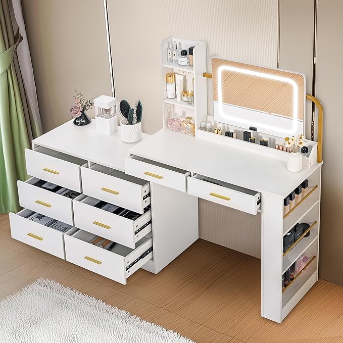 Pamapic 8 Drawers Vanity Desk with Mirror and Lights,Makeup Vanity with Power Outlet, 15 Storage Dresser with Mirror, Adjustable Width, Golden Handles Dressing Table, White