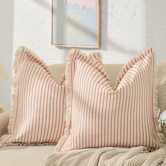 ZWJD Throw Christmas Pillow Covers 16x16 Set of 2 Striped Pillow Covers with Fringe Chic Cotton Decorative Pillows Square Cushion Covers for Sofa Couch Bed Living Room Farmhouse Decor