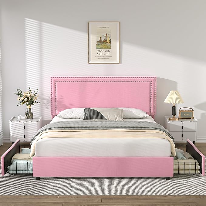 VECELO Queen Size Upholstered Platform Bed Frame with 4 Storage Drawers, Adjustable Velvet Rivets Headboard, Wooden Slats Support, No Box Spring Needed, Easy Assembly