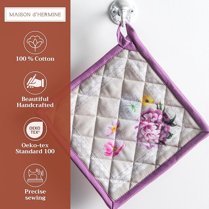 Maison d' Hermine Pot Holders Set 100% Cotton Heat Resistant Potholders 8" x 8" Hot Pads with Loop BBQ, Cooking, Baking, Grilling, Kitchen, Handling Hot Pans Spring/Summer (Pack of 2, Pivoine)