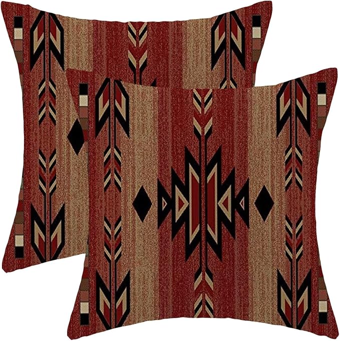 Boho Red Carpet Throw Pillow Covers 18x18 Inch Set of 2, Rustic Tribal Decorative Throw Pillow Covers Antique Red Linen Outdoor Cushion Cover for Sofa Couch Farmhouse Room Bed Decor