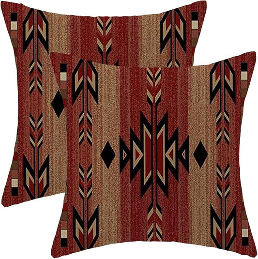 Boho Red Carpet Throw Pillow Covers 18x18 Inch Set of 2, Rustic Tribal Decorative Throw Pillow Covers Antique Red Linen Outdoor Cushion Cover for Sofa Couch Farmhouse Room Bed Decor