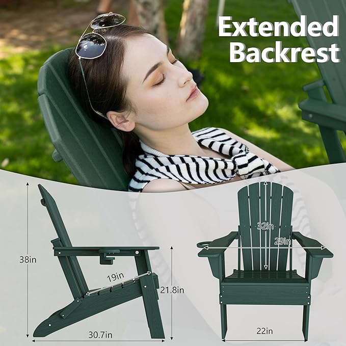 Plawdlik Folding Adirondack Chair, SGS Tested, Wooden Textured with Cup Holder, Heavy All-Weather HDPE Comfortable Set Poolside Backyard Lawn Green Set 4