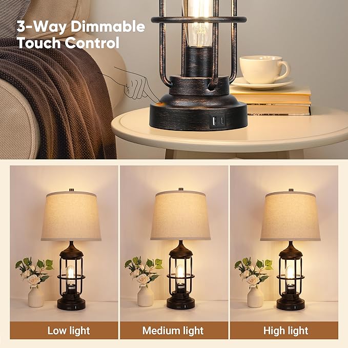 QiMH Table Lamp for Living Room with USB A+C Ports, Farmhouse Bedside Lamp with Nightlight, 3-Way Dimmable Touch Control, Retro Industrial Nightstand Lamp for Bedroom, Bulbs Included, Bronze