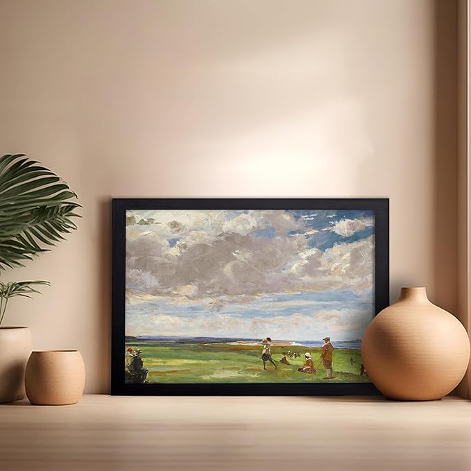 Poster Master Vintage Lady Astor Playing Golf at North Berwick Painting Print - Retro Golf Course Poster - Sports Art - Landscape Wall Design - Office or Living Room Wall Decor - 16x20 Black Framed