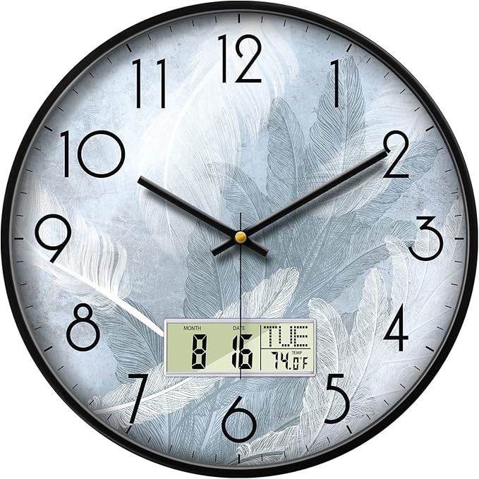 SCAOGE Digital Wall Mount Clock with Date Temperature Day White with Blue Feather Unique Silent Calendar Clocks Battery Operated Large Display Decorative for Bathroom Kitchen Office Bedrooms 14 Inch
