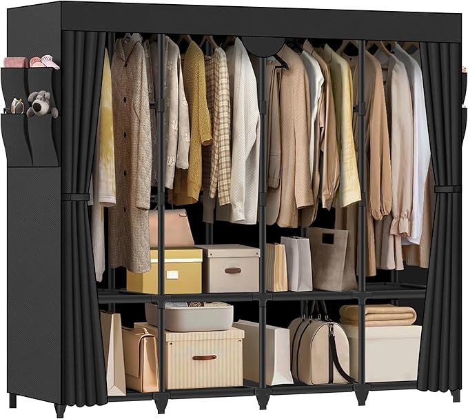Wardrobe Closet, Quick and Easy Assembly, Black Large Capacity Portable Closet with 4 Hanging Rods 8 Storage Shelves and 8 Side Pockets, Clothes Rack with Cover, for Bedroom and Living Room