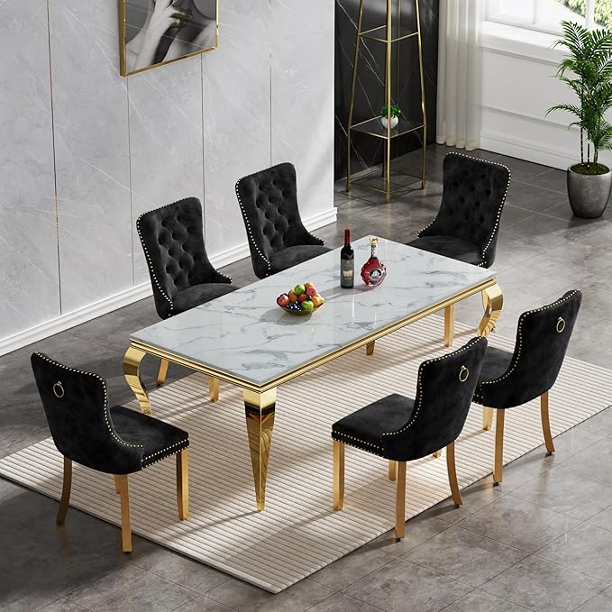 70" Marble Dining Table Set for 6, Modern 7 Piece Dining Room Table Set with White Faux Marble Dining Table & 6 Black Velvet Upholstered Chairs, Luxury Gold Kitchen Table Chairs Set of 6