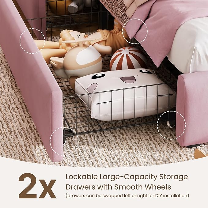 Twin Bed Frame with Storage Drawers and Headborad, Upholstered LED Twin Size Platform Bed Frame for Kids – Sturdy Metal Bed Frame Twin with Wood Slats Support, No Box Spring Needed, Pink