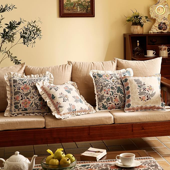 Design Square Linen Vintage Throw Pillow Covers 18"x18" Pack of 2, Gray Green Farmhouse Cushion Covers with Silver Lotus Floral Pattern Decor Pillowcases for Bed,Living Room,Outdoor,Car