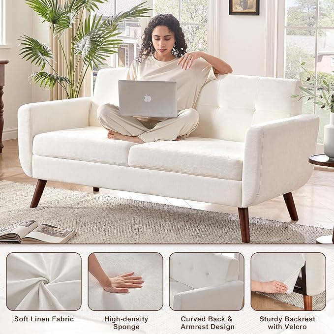 Tbfit 65" W Loveseat Sofa, Mid Century Modern Couches Love Seats for Living Room, Button Tufted Upholstered Small Couch for Bedroom, Solid and Easy to Install Love Seats Furniture, White