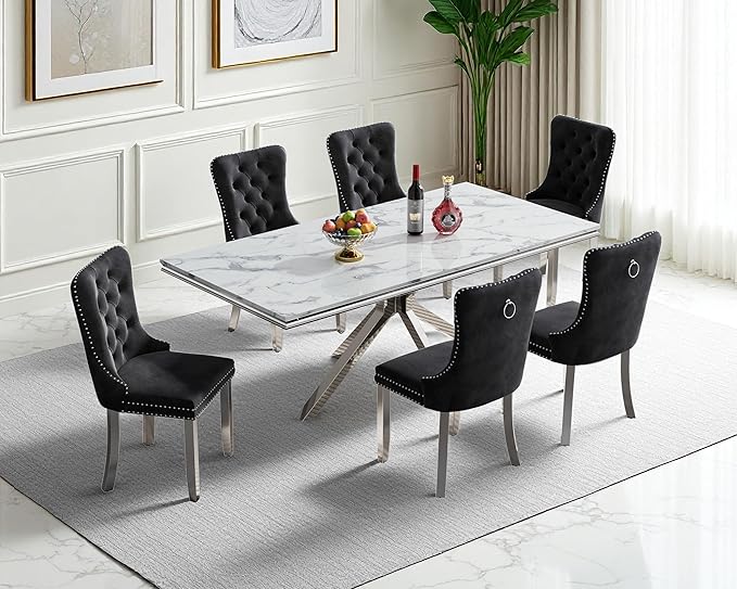 Goujxcy Luxury Dining Table Set for 6 Modern 7 Piece Faux Marble Dining Table Set with 6 Tufted Upholstered Chairs, 70" Faux Marble Kitchen Table & 6 Chairs with Mirrored Stainless Steel Base