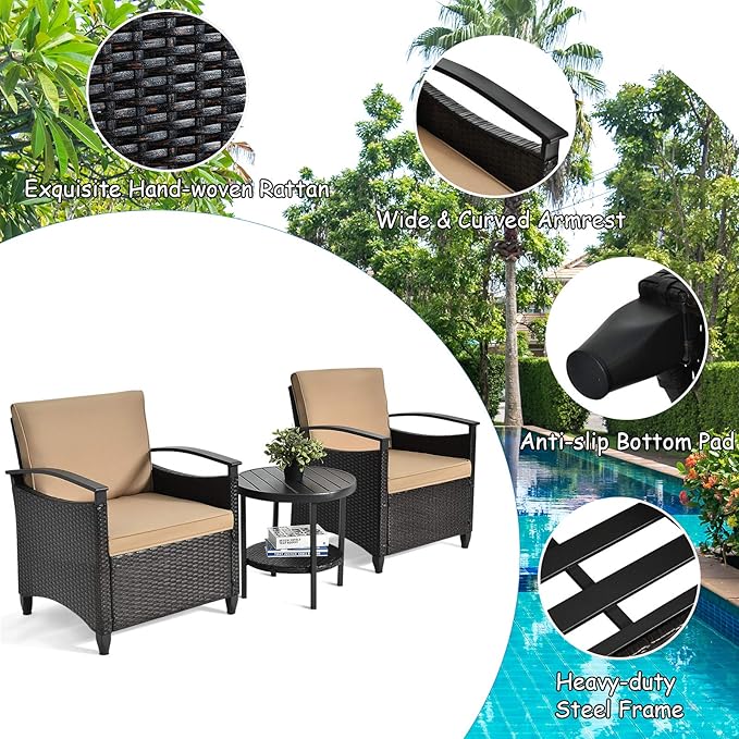 Tangkula 3 Piece Rattan Sofa Set, Patio Conversation Bistro Set w/Coffee Table, Seat and Back Cushions, Sturdy Steel Frame, Outdoor Furniture Set for Garden, Backyard, Balcony, Poolside