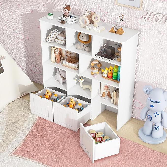 Toy Storage Organizer with Bookshelf, Large Toy Organizers and 3 Movable Drawers with Hidden Wheels and 8 Storage Cubbies, Kids Bookshelf and Toy Storage Chest, Playroom Furniture, White