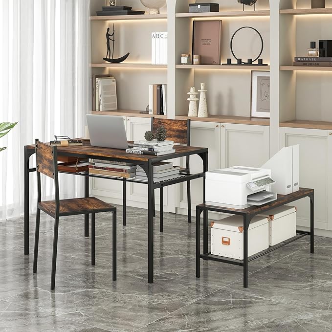 Tangkula Dining Table Set for 4, Kitchen Table and 2 Chairs for 4 with Bench, Additonal Storage Rack, 4 Piece Dining Table Set for Small Space, Apartment