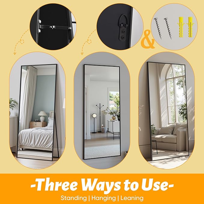 Antok Mirror Full Length, 76"x34" Big Floor Mirror, Oversized Full Body Mirrors with Stand for Bedroom, Living Room Cloakroom, Black, Rect Corner Style