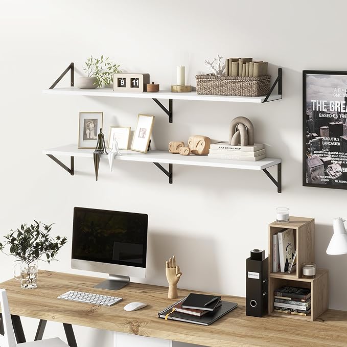 Floating Shelves 48 Inch Long, 10" Deep Floating Shelves, White Wall Shelves 48 x 10, Set of 2, Wide Large Display Storage Shelves for Bathroom, Living Room, Rustic Wood Shelves with Brackets