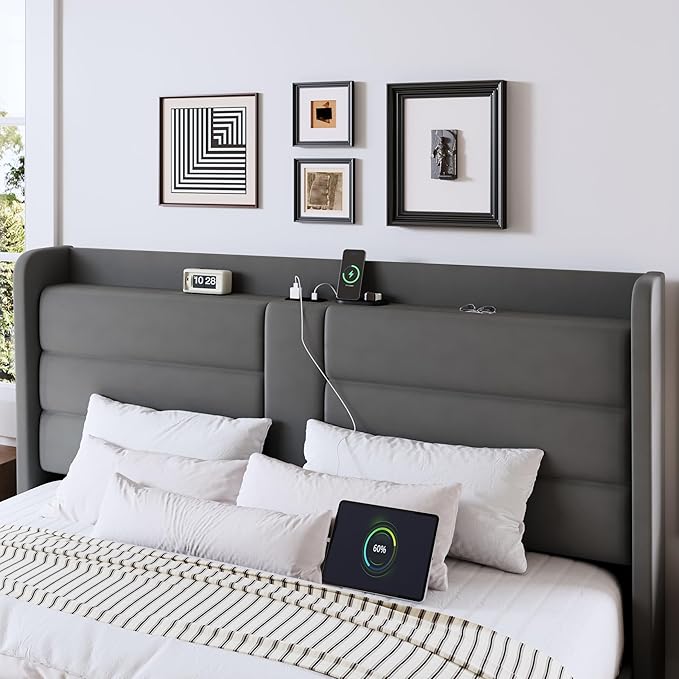 Allewie King Size Platform Bed Frame with Charging Station & Storage Headboard, Upholstered Velvet Wingback Design & USB Port, Strong Wooden Slats Support, No Box Spring Needed, Easy Assembly, Grey