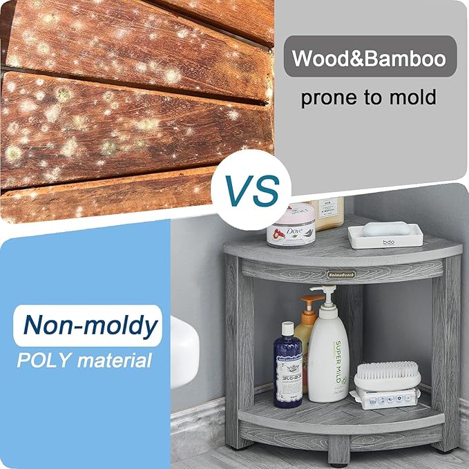 Waterproof Shower Bench for Inside Shower, Gray HDPS Corner Shower Stool for Shaving Legs, Poly Lumber Shower Foot Seat, Plastic Bathroom Shower Bench Seat with Storage Shelf, Non-Slip/No-Maintenance