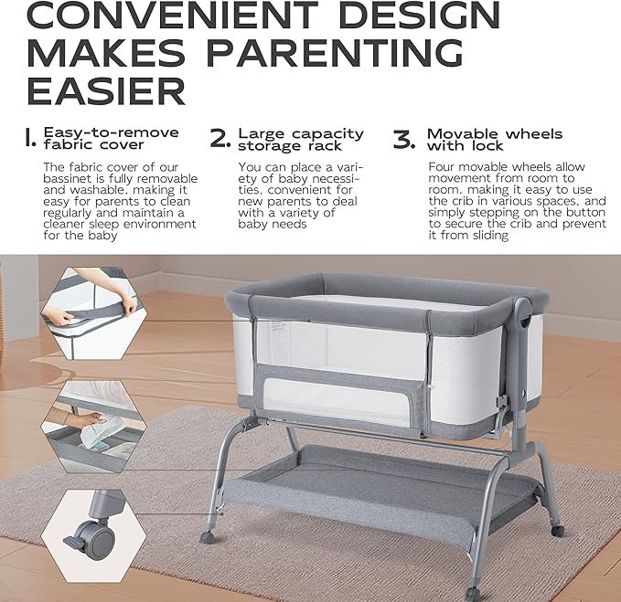 BabyBond Baby Bassinet, 3 in 1 Bassinet Bedside Sleeper with Washable Soft Mattress and Sheet, 6 Height Adjustable Bedside Crib, 4-Sided Mesh Bedside Bassinet for Baby