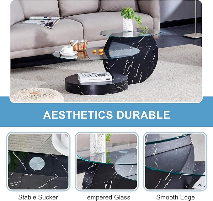 Glass Coffee Table, Modern Round Glass Coffee Table with Wooden Base, 3 Tier Round Coffee Table, Clear Cocktail Table with Storage for Living Room, Office, Balcony, Black