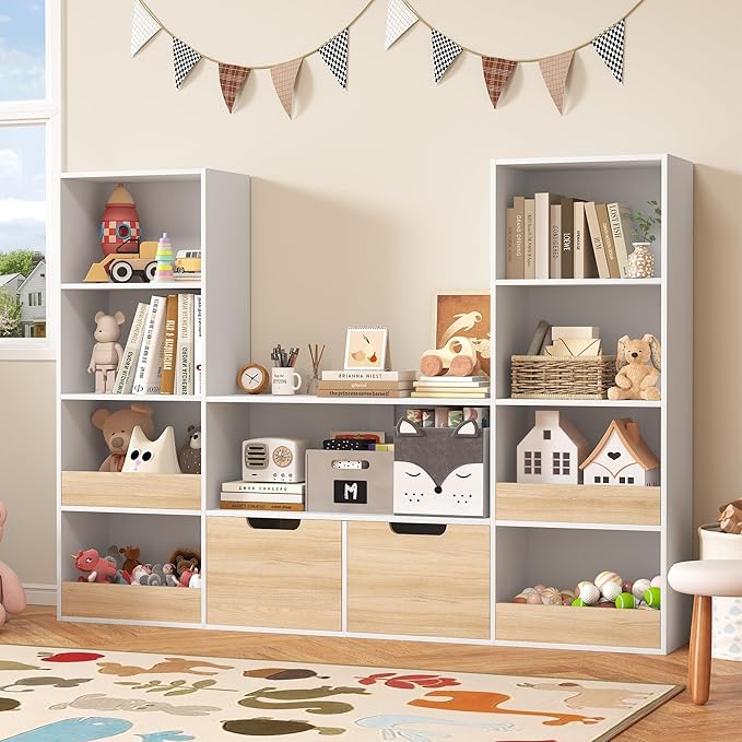 Toy Organizer and Nursery Bookshelf, 4-Tier Wooden Kids Bookcase with Storage Bins, Playroom Storage Rack for Toys and Books, Toy Storage Organizer for Playroom, Nursery, Classroom, Oak & White