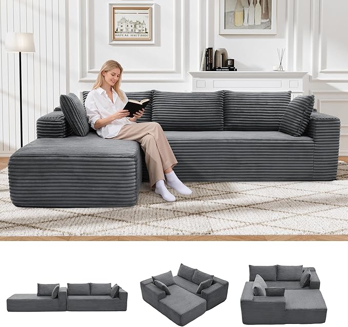 105" Cloud Sectional Couch with L-Shape Chaise,Modern Modular Sofa with Deep Seat, Fluffy Boneless Couches for Living Room Bedroom,No Assembly Required, Dark Gray (Plush Flannel Fabric)
