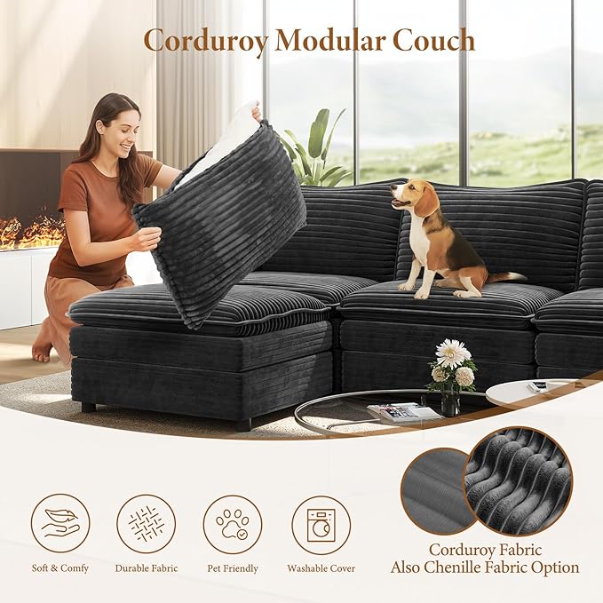 Vesgantti 142" Oversized Sectional Sofa Bed, 8-Seater Modular Sleeper Cloud Couch with Movable Ottoman, Corduroy Convertible Sofa Set Deep Seat Couches for Living Room, Bedroom and Apartment, Gray