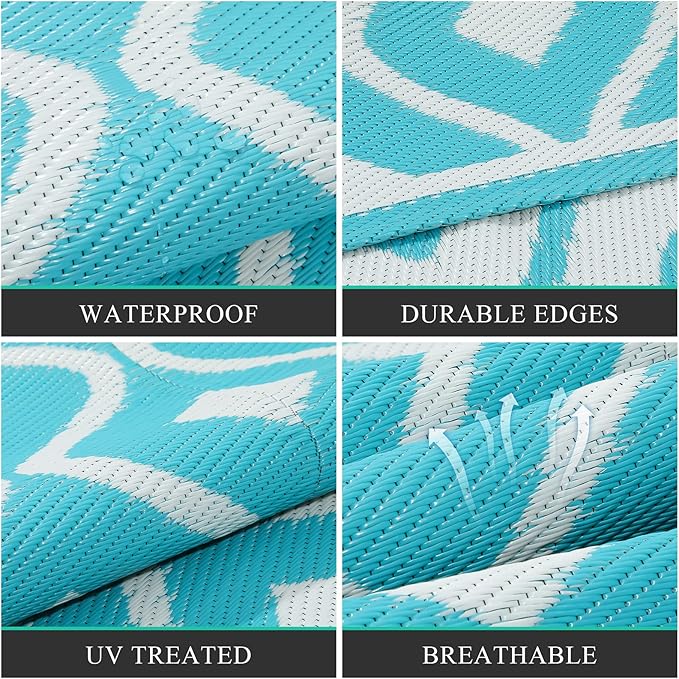 Pauwer Waterproof Outdoor Rug 8x10, Reversible Plastic Straw Patio Camping Rug, Indoor Outdoor RV Mat Carpet for Deck, Camper, Porch, Balcony, Backyard, Picnic, Geometric Teal