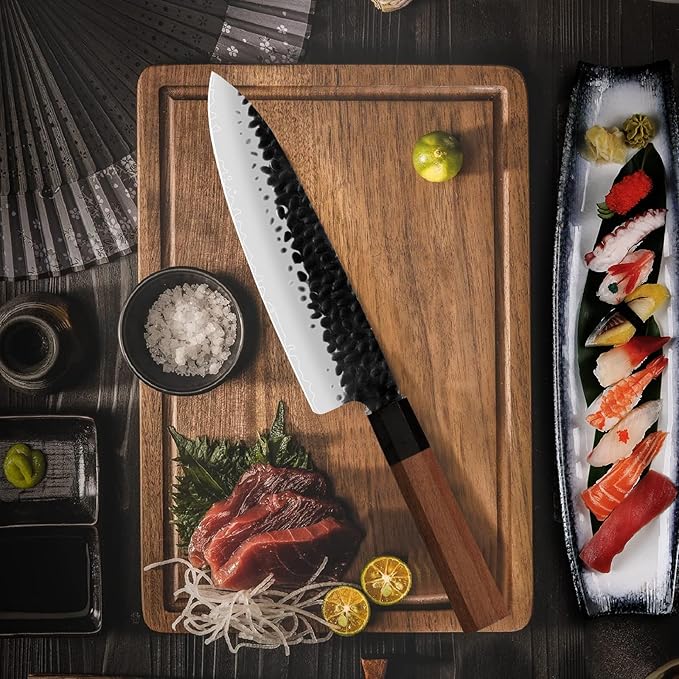 8 Inch Japanese Gyuto Chef Knife-3 Layers 9CR18MOV High Carbon Kitchen Knife, Professional Hand Forged Meat Sushi Kitchen Knife with Rosewood Handle & Gift Box