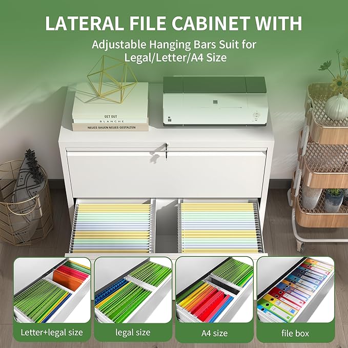 Lateral File Cabinet with Lock,2 Drawer Metal Filing Cabinets for Home Office, Storage Cabinet for Hanging Files Letter/Legal/F4/A4 (White)