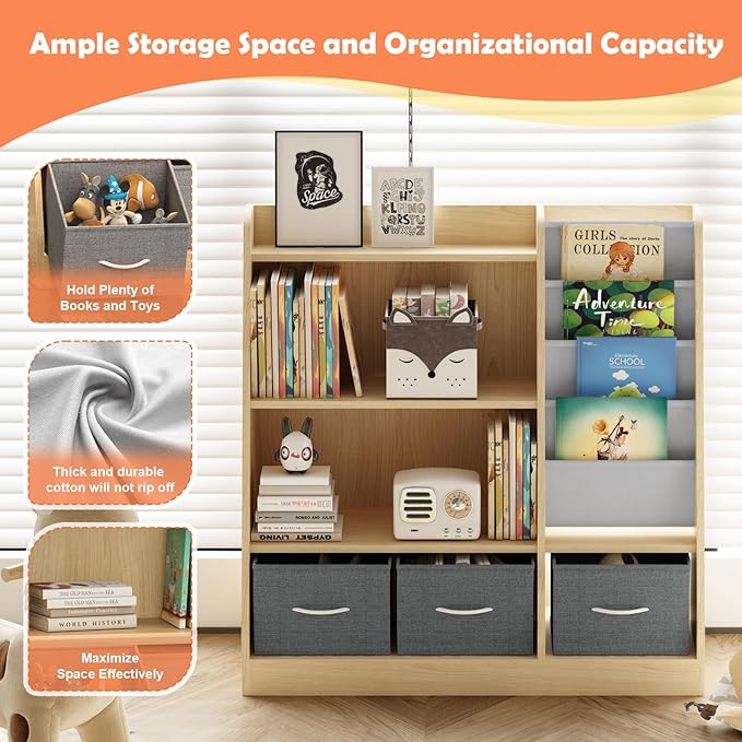 Kids Bookshelf Wood Montessori Toy Storage Organizer Cabinet Shelf Child Bookcase Toddler Baby Sling Book Rack 3 Cube Bin Fabric Drawers for Playroom Bedroom Nursery School
