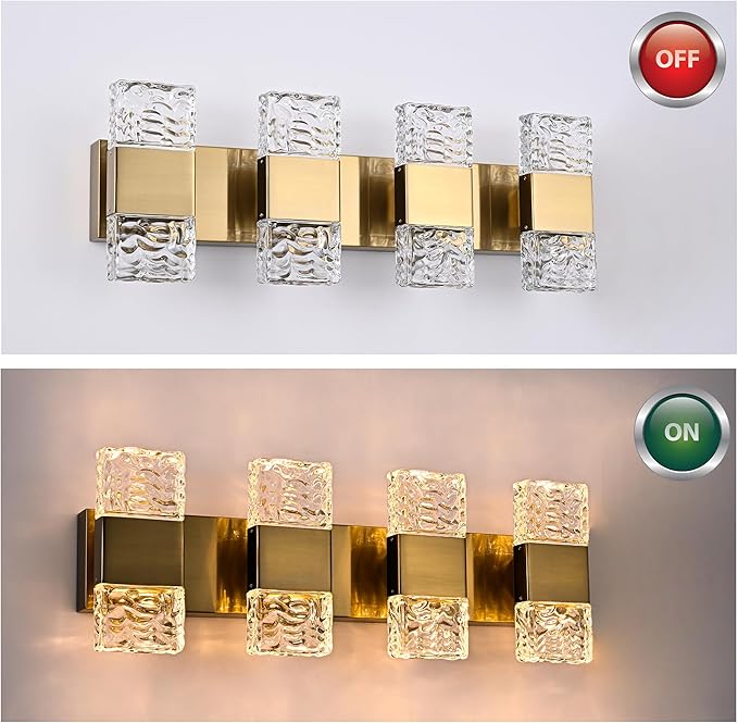 MELUCEE 4 Lights Bathroom Vanity Light Fixtures Modern LED Vanity Lighting Fixture Brass Crystal Vanity Light Bar 32W LED Wall Mounted Lamp Above Mirror Sink Dressing Table, 3000K Warm Lighting
