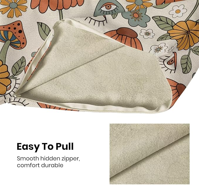 BETGINY Boho Throw Pillow Covers 24 x 24 Inch Set of 2, Yellow Orange Fun Cute Mushrooms Retro Decorative Outdoor Pillow Covers 70s Vintage Floral Linen Farmhouse for Couch Sofa Summer Home Decor