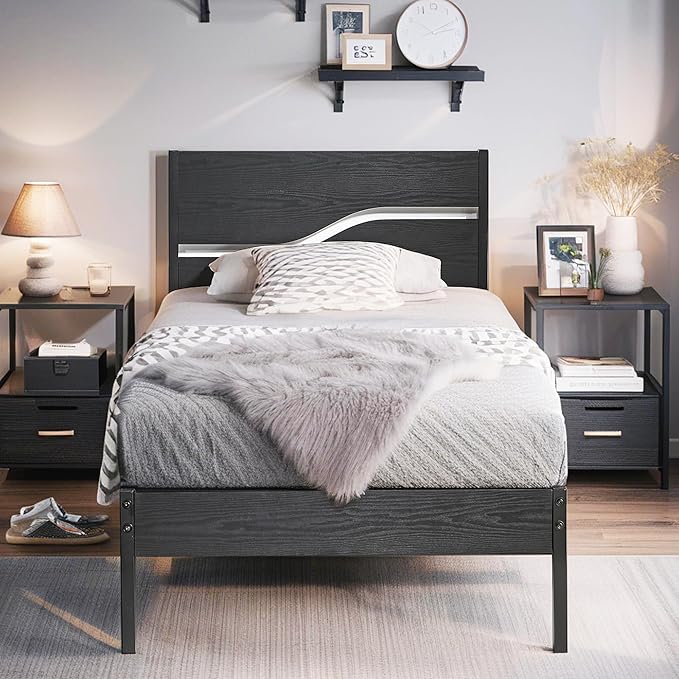 VECELO Twin Bed Frame with Wood Headboard, Solid and Strong Metal Support, No Box Spring Needed