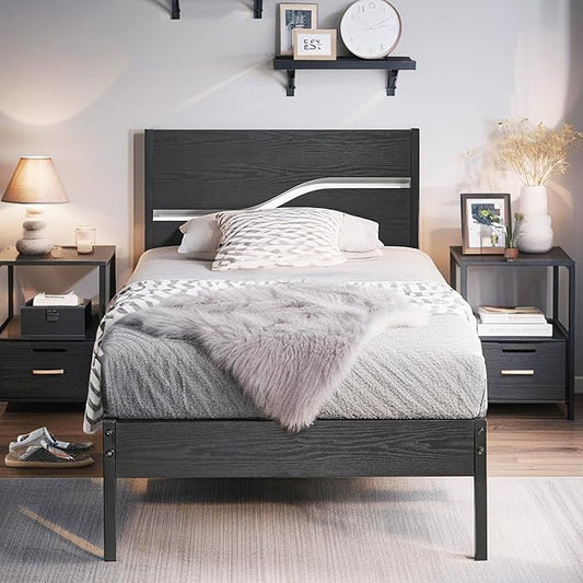 VECELO Twin Bed Frame with Wood Headboard, Solid and Strong Metal Support, No Box Spring Needed