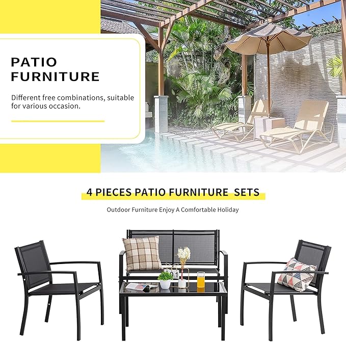 Shintenchi 4 Pieces Patio Furniture Set All Weather Textile Fabric Outdoor Conversation Set, with Glass Coffee Table, Loveseat, 2 Single Chairs for Home, Garden, Lawn, Porch（Black）