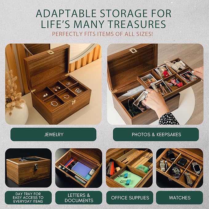 Public House Locking Wooden Keepsake Box, Customizable Design With Adjustable Tray. Large Wooden Box with Hinged Lid for Wedding and Memory Keepsakes