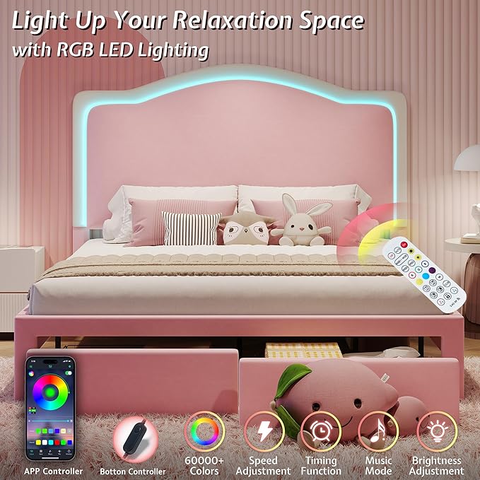 Jocisland Queen Bed Frame with Storage Drawers, 51" Adjustable Velvet Headboard, RGB LED Lights, Upholstered Platform Bed, Modern Bed for Teens, Guest Room, No Box Spring Needed, Pink
