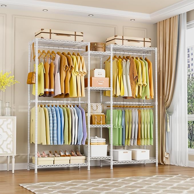 Ulif E4 Clothes Rack, Heavy-Duty Garment Rack, Metal Freestanding Clothing Organization Storage System Can Be L-shaped with Shelves and Hangers, Max Load 962lbs, 71.6" W x 14.5" D x 79.3" H, White